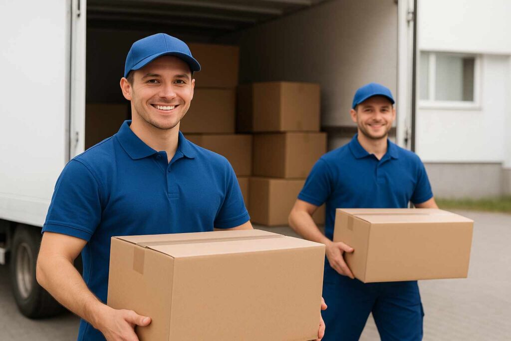 Two movers from Packers and Movers in Yamunanagar carrying boxes from a truck.