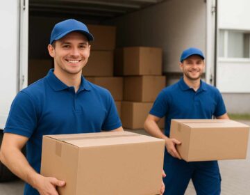 Two movers from Packers and Movers in Yamunanagar carrying boxes from a truck.
