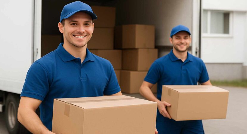Two movers from Packers and Movers in Yamunanagar carrying boxes from a truck.